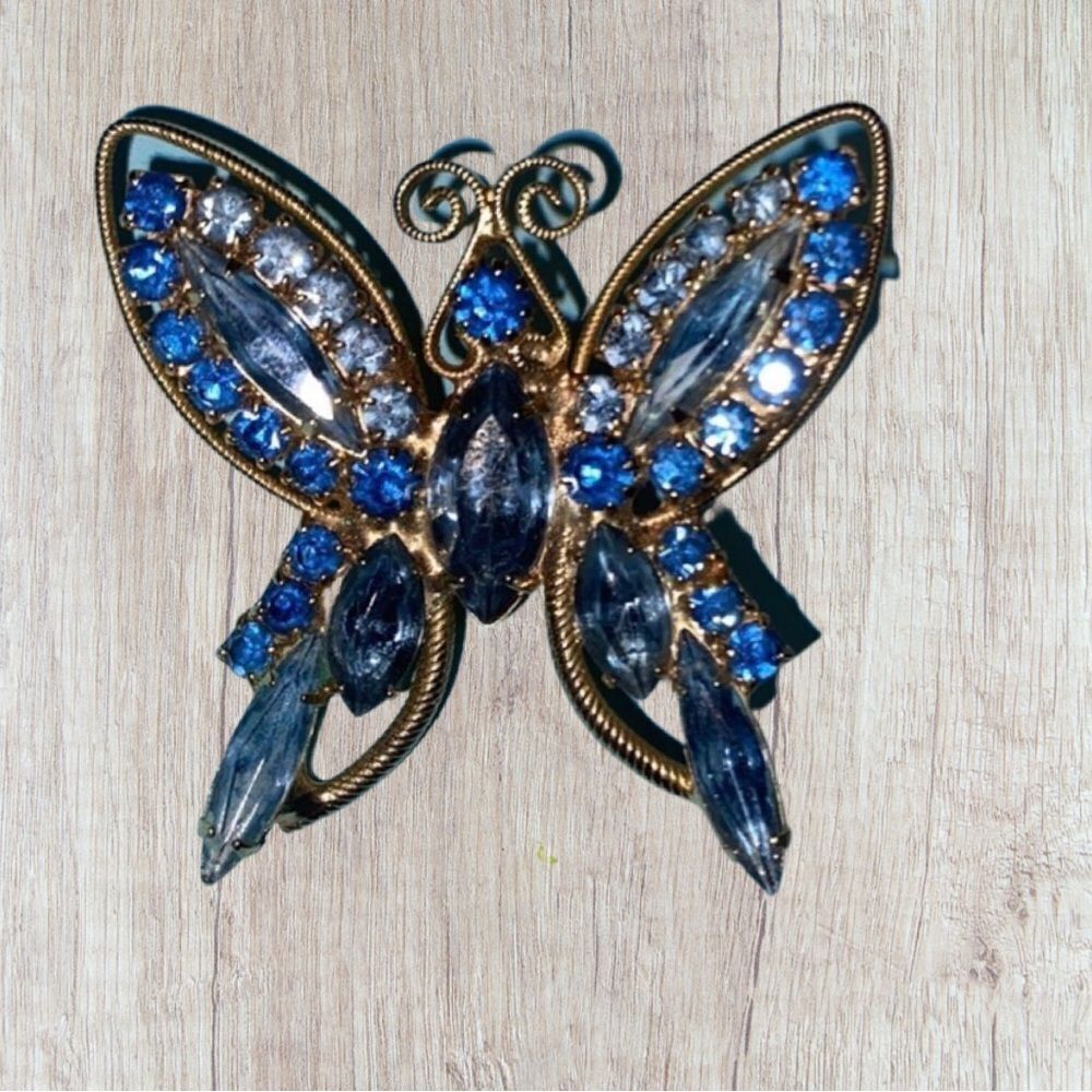Vintage Blue Rhinestone Butterfly Brooch